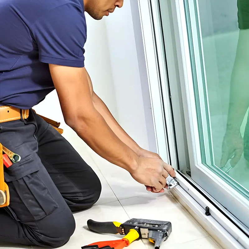 Technician performing sliding glass door repair in an Arizona home, working on lock, rollers, and track with tools