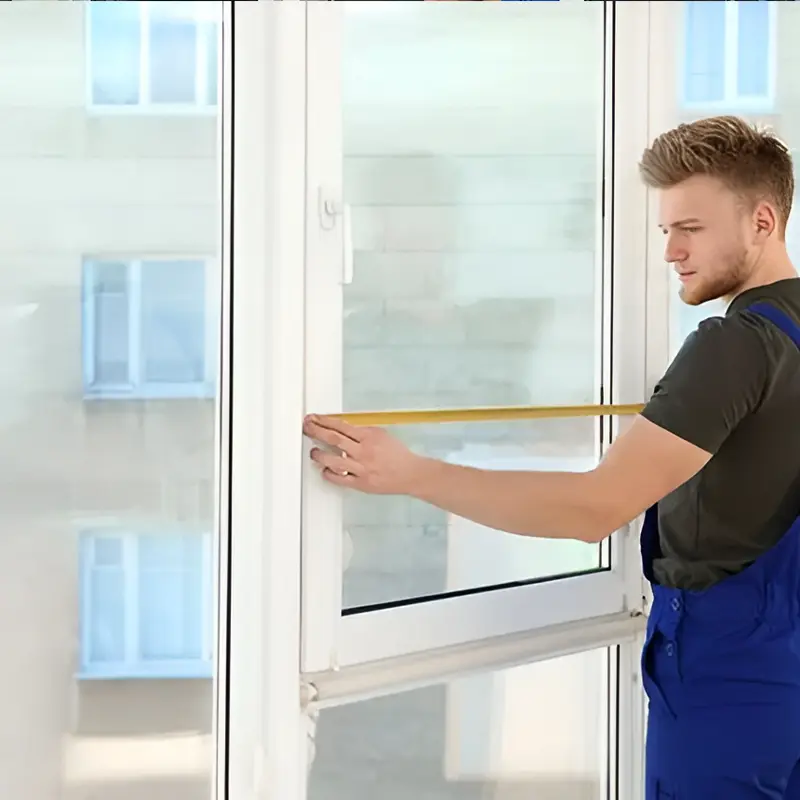 Technician repairing a sliding glass door in a Mesa home, working on lock, rollers, track, and screen door with tools