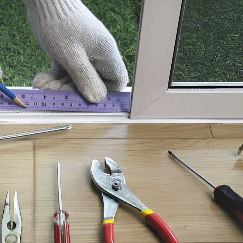 Technician repairing a sliding glass door in a Phoenix home, working on rollers, lock, track, and screen door with tools