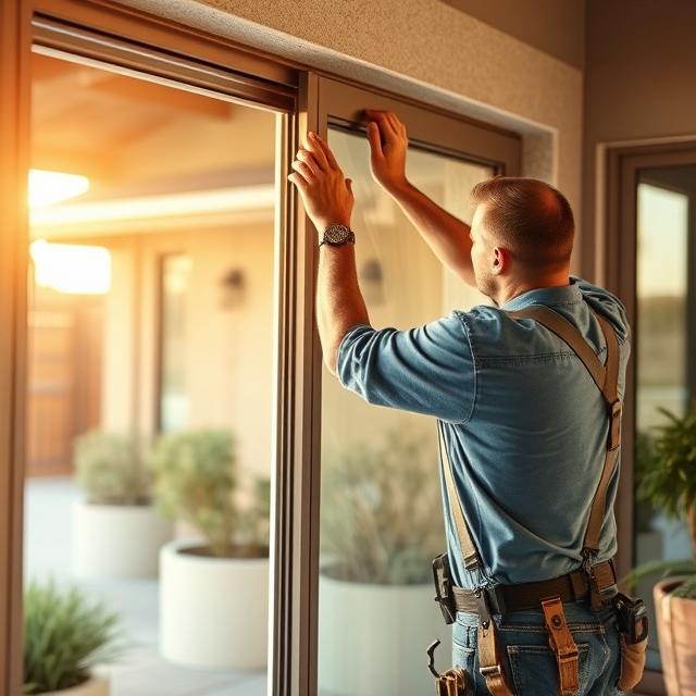 Technician repairing a sliding glass door in a Tempe home, working on rollers, lock, track, and screen door with tools