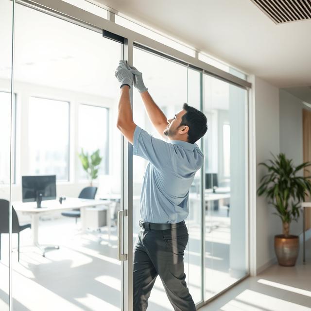 Technician repairing a sliding glass door in a Tolleson home, fixing rollers, lock, and track with professional tools