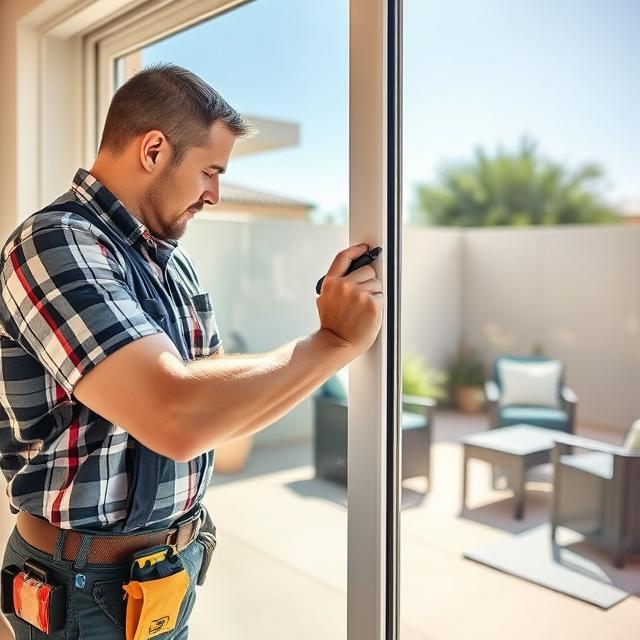 Technician repairing a sliding glass door in a Wickenburg home, working on rollers, lock, track, and screen door with professional tools