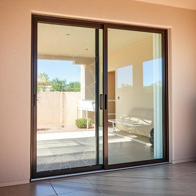 Sliding glass patio door in a Queen Creek home with broken glass partially removed, ready for replacement, sunlit beige stucco exterior in the background, no people present.
